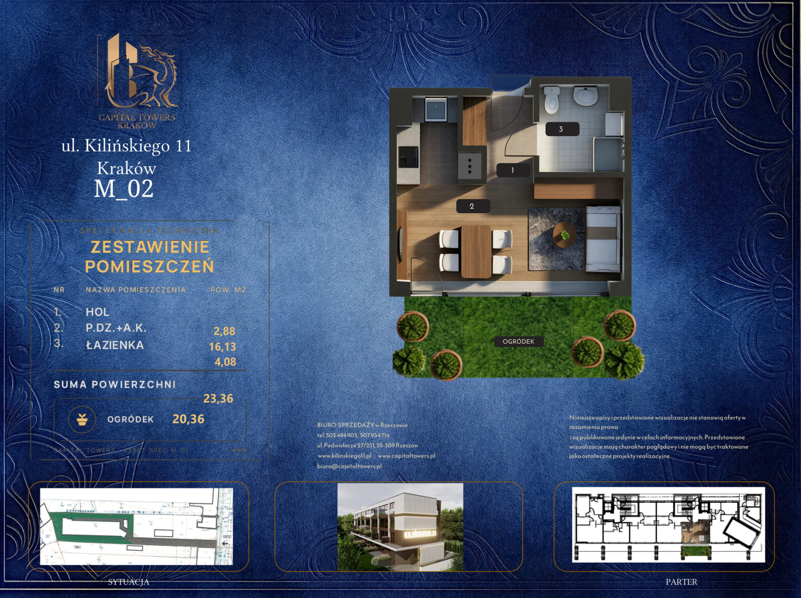 Graficzna karta informacyjna mieszkania numer M_02 w Krakowie przy ulicy Kilińskiego 11 z logo „Capital Towers Kraków”, przygotowana na ciemnoniebieskim tle ze złotymi ornamentami. W centralnej części znajduje się trójwymiarowy, umeblowany rzut mieszkania z góry z oznaczonymi strefami: hol (1), pokój dzienny z aneksem kuchennym (2), łazienka (3) oraz przynależny zielony ogródek z krzewami i donicami. Po lewej stronie umieszczono tabelę „Zestawienie pomieszczeń” wskazującą sumę powierzchni użytkowej wynoszącą 23,36 m² oraz powierzchnię ogródka wynoszącą 20,36 m². Na dole karty widoczne są mniejsze schematy techniczne przedstawiające sytuację na działce, plan parteru, miniaturę budynku oraz dane kontaktowe biura sprzedaży.