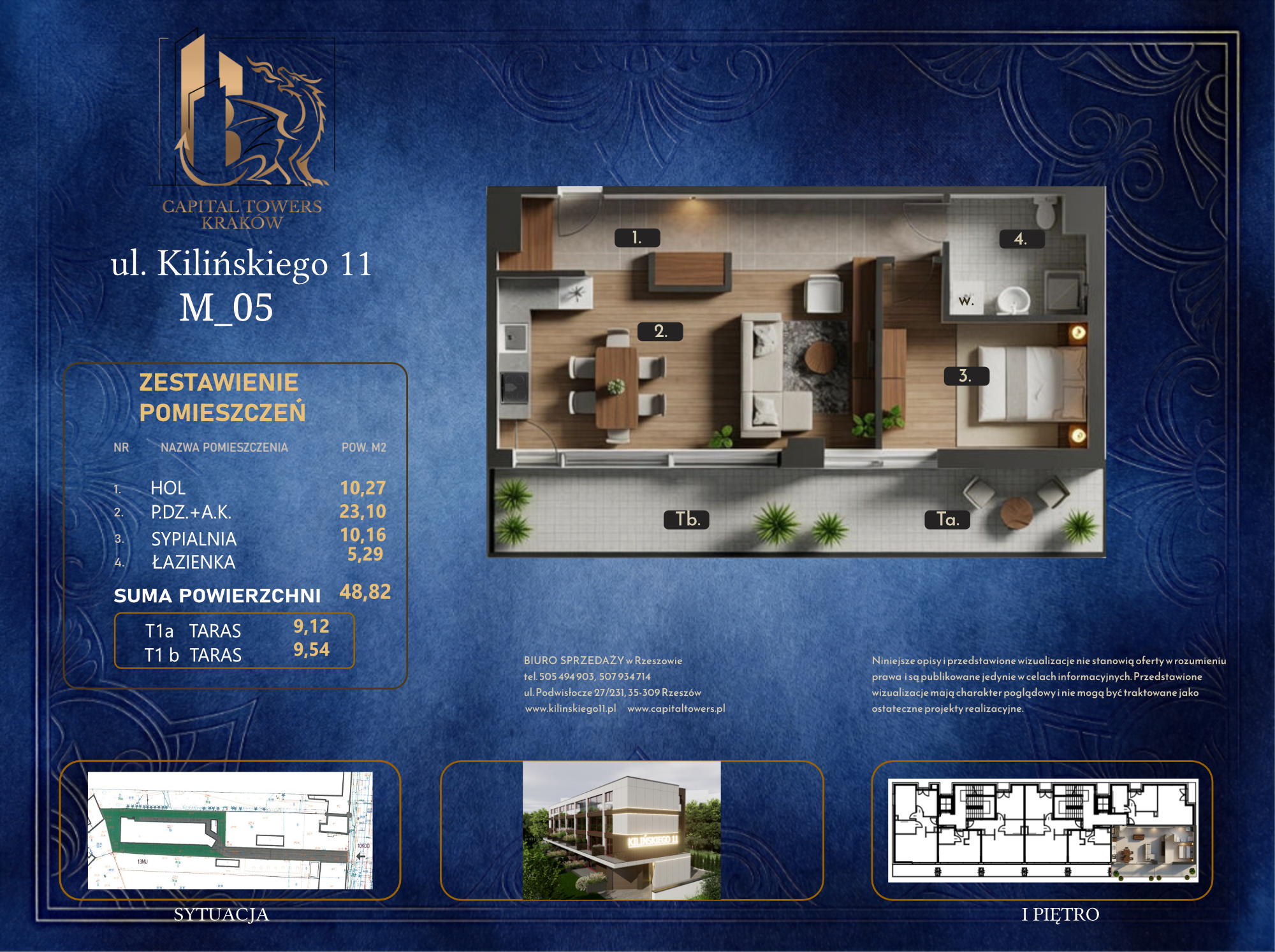 Graficzna karta informacyjna mieszkania numer M_05 przy ulicy Kilińskiego 11 z logo „Capital Towers Kraków”, przygotowana na eleganckim, ciemnoniebieskim tle ze złotymi zdobieniami. W centralnej części znajduje się trójwymiarowy, umeblowany rzut mieszkania z góry, na którym cyframi oznaczono poszczególne strefy: hol (1), pokój dzienny z aneksem kuchennym (2), sypialnię (3), łazienkę (4) oraz dwa tarasy (Tb i Ta). Po lewej stronie umieszczono tabelę „Zestawienie pomieszczeń” wskazującą sumę powierzchni użytkowej wynoszącą 48,82 m². Na dole karty widoczne są mniejsze rysunki techniczne przedstawiające sytuację na działce i plan pierwszego piętra, miniatura wizualizacji budynku oraz dane teleadresowe biura sprzedaży.
