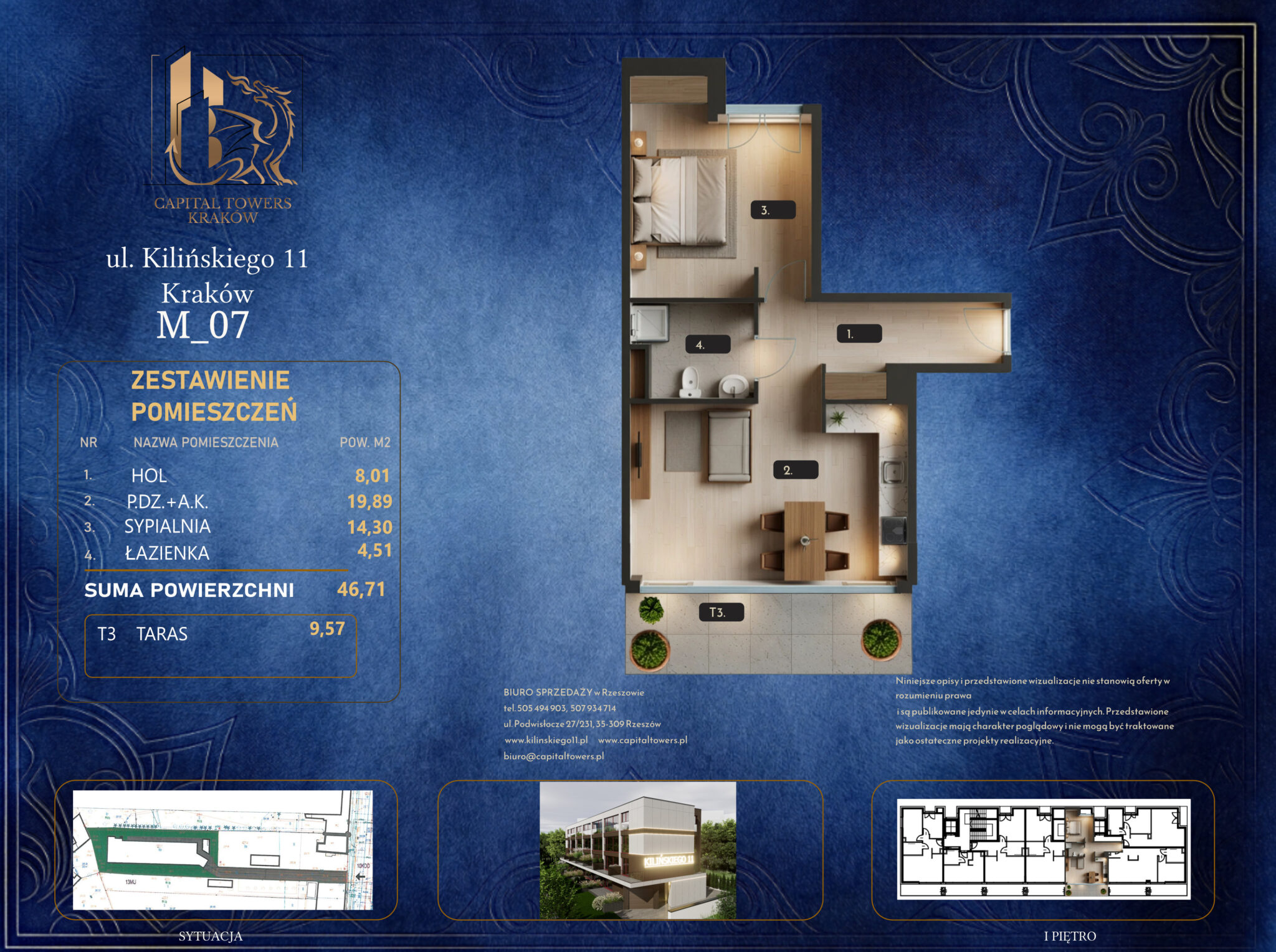 Graficzna karta informacyjna mieszkania numer M_07 w Krakowie przy ulicy Kilińskiego 11 z logo „Capital Towers Kraków”, przygotowana na ciemnoniebieskim tle ze złotymi ornamentami. W centralnej części znajduje się trójwymiarowy, umeblowany rzut mieszkania z góry z oznaczonymi pomieszczeniami: hol (1), pokój dzienny z aneksem kuchennym (2), sypialnia (3), łazienka (4) oraz przynależny taras (T3) z donicami z roślinnością. Po lewej stronie umieszczono tabelę „Zestawienie pomieszczeń” wskazującą sumę powierzchni użytkowej wynoszącą 46,71 m² oraz powierzchnię tarasu wynoszącą 9,57 m². Na dole karty widoczne są mniejsze schematy techniczne przedstawiające sytuację na działce, plan pierwszego piętra, miniaturę budynku oraz dane kontaktowe biura sprzedaży.