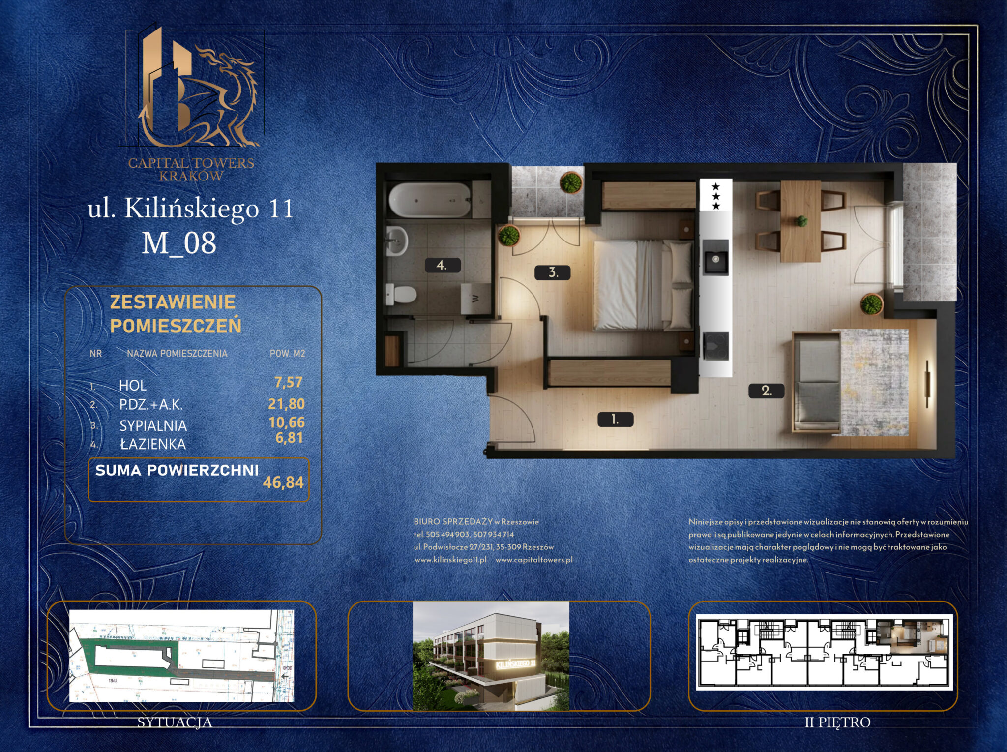 Graficzna karta informacyjna mieszkania numer M_08 w Krakowie przy ulicy Kilińskiego 11 z logo „Capital Towers Kraków”, przygotowana na ciemnoniebieskim tle ze złotymi ornamentami. W centralnej części znajduje się trójwymiarowy, umeblowany rzut mieszkania z góry z oznaczonymi pomieszczeniami: hol (1), pokój dzienny z aneksem kuchennym (2), sypialnia (3) oraz łazienka (4). Po lewej stronie umieszczono tabelę „Zestawienie pomieszczeń” wskazującą sumę powierzchni użytkowej wynoszącą 46,84 m². Na dole karty widoczne są mniejsze schematy techniczne przedstawiające sytuację na działce, plan drugiego piętra, miniaturę budynku oraz dane kontaktowe biura sprzedaży.