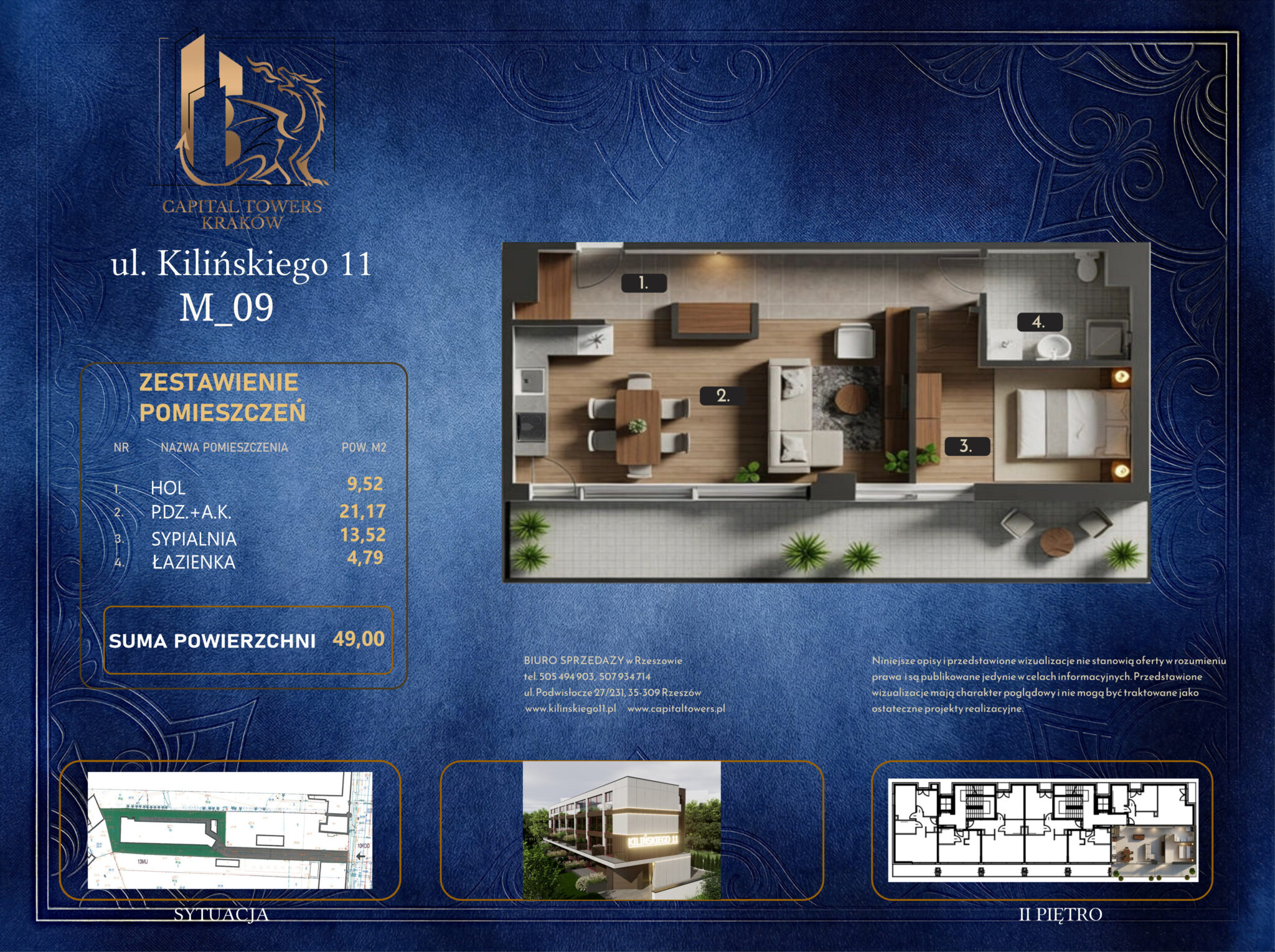 Graficzna karta informacyjna mieszkania numer M_09 w Krakowie przy ulicy Kilińskiego 11 z logo „Capital Towers Kraków”, przygotowana na ciemnoniebieskim tle ze złotymi ornamentami. W centralnej części znajduje się trójwymiarowy, umeblowany rzut mieszkania z góry z oznaczonymi pomieszczeniami: hol (1), pokój dzienny z aneksem kuchennym (2), sypialnia (3), łazienka (4) oraz bardzo szeroki balkon ciągnący się wzdłuż całego lokalu, ozdobiony donicami i wyposażony w stolik kawowy. Po lewej stronie umieszczono tabelę „Zestawienie pomieszczeń” wskazującą sumę powierzchni użytkowej wynoszącą 49,00 m². Na dole karty widoczne są mniejsze schematy techniczne przedstawiające sytuację na działce, plan drugiego piętra, miniaturę budynku oraz dane kontaktowe biura sprzedaży.