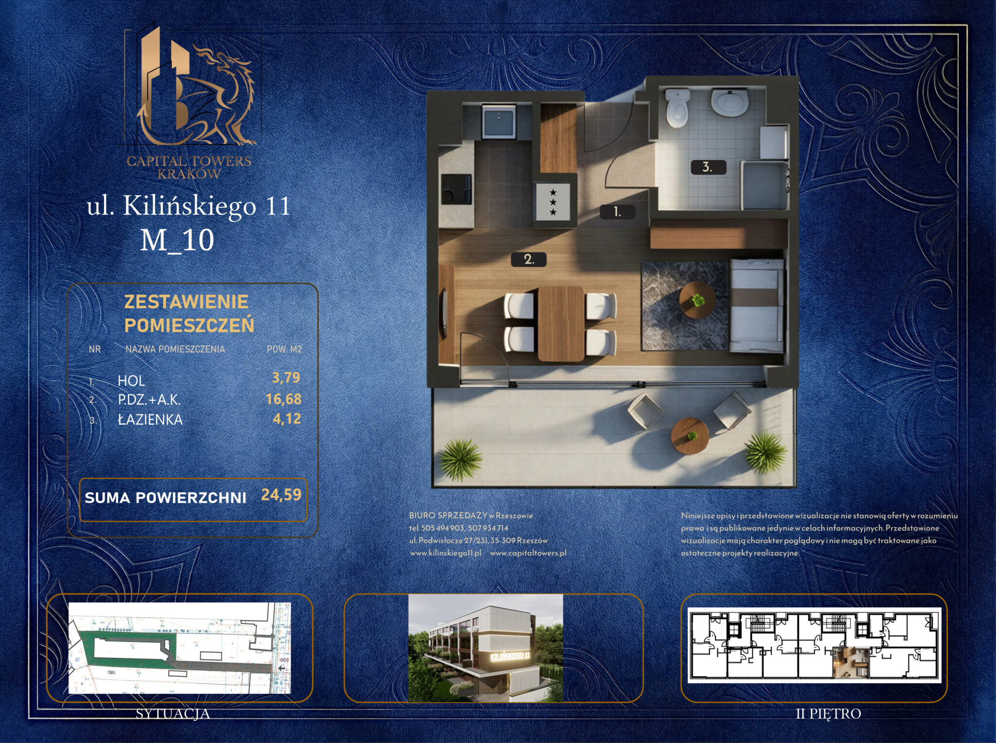Graficzna karta informacyjna mieszkania numer M_10 w Krakowie przy ulicy Kilińskiego 11 z logo „Capital Towers Kraków”, przygotowana na ciemnoniebieskim tle ze złotymi ornamentami. W centralnej części znajduje się trójwymiarowy, umeblowany rzut mieszkania z góry z oznaczonymi pomieszczeniami: hol (1), pokój dzienny z aneksem kuchennym (2), łazienka (3) oraz przynależny, szeroki balkon wyposażony w stolik i dwa fotele. Po lewej stronie umieszczono tabelę „Zestawienie pomieszczeń” wskazującą sumę powierzchni użytkowej wynoszącą 24,59 m². Na dole karty widoczne są mniejsze schematy techniczne przedstawiające sytuację na działce, plan drugiego piętra, miniaturę budynku oraz dane kontaktowe biura sprzedaży.