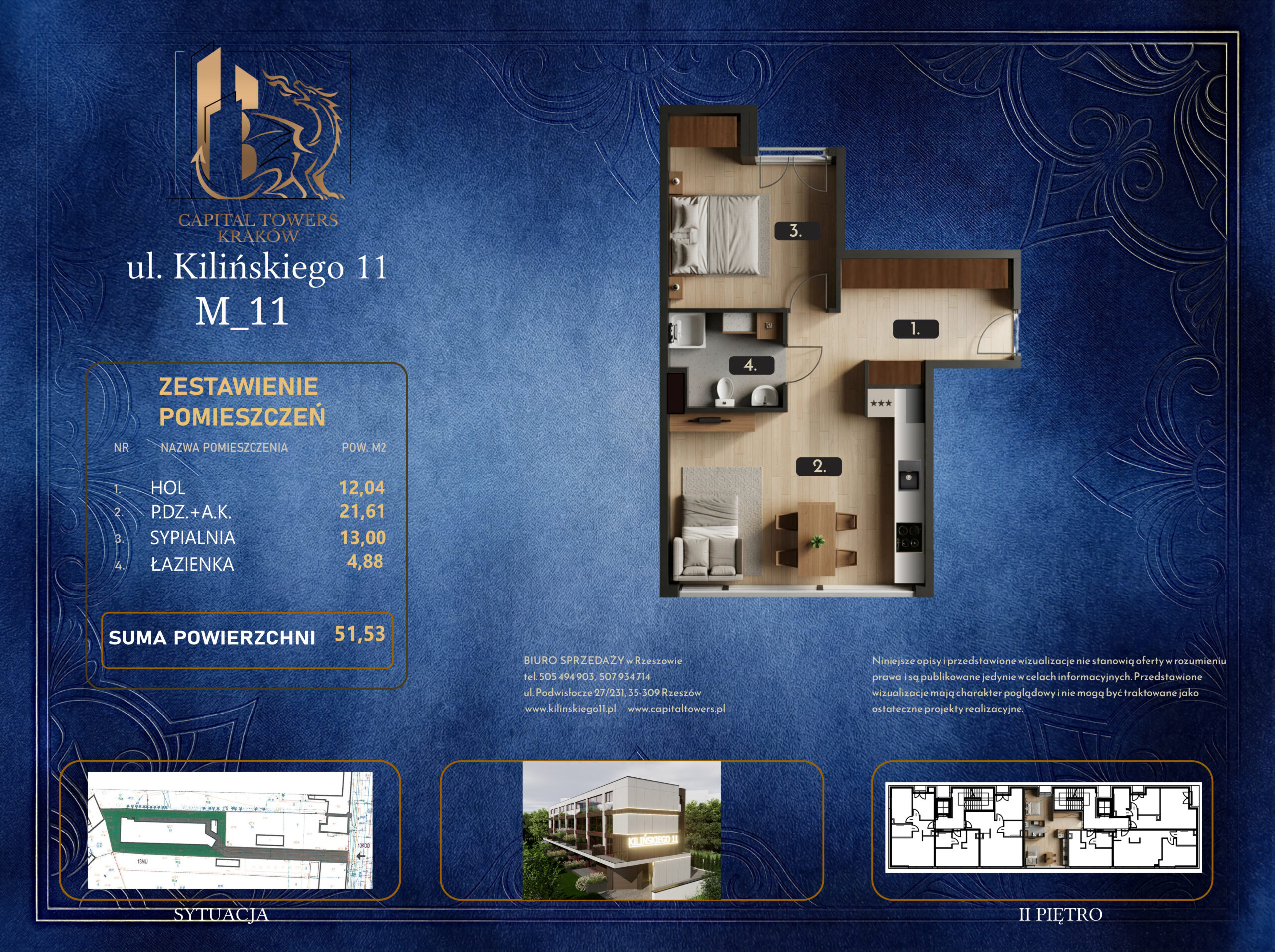 Graficzna karta informacyjna mieszkania numer M_11 w Krakowie przy ulicy Kilińskiego 11 z logo „Capital Towers Kraków”, przygotowana na ciemnoniebieskim tle ze złotymi ornamentami. W centralnej części znajduje się trójwymiarowy, umeblowany rzut mieszkania z góry z oznaczonymi pomieszczeniami: hol (1), pokój dzienny z aneksem kuchennym (2), sypialnia (3) oraz łazienka (4). Po lewej stronie umieszczono tabelę „Zestawienie pomieszczeń” wskazującą sumę powierzchni użytkowej wynoszącą 51,53 m². Na dole karty widoczne są mniejsze schematy techniczne przedstawiające sytuację na działce, plan drugiego piętra, miniaturę budynku oraz dane kontaktowe biura sprzedaży.