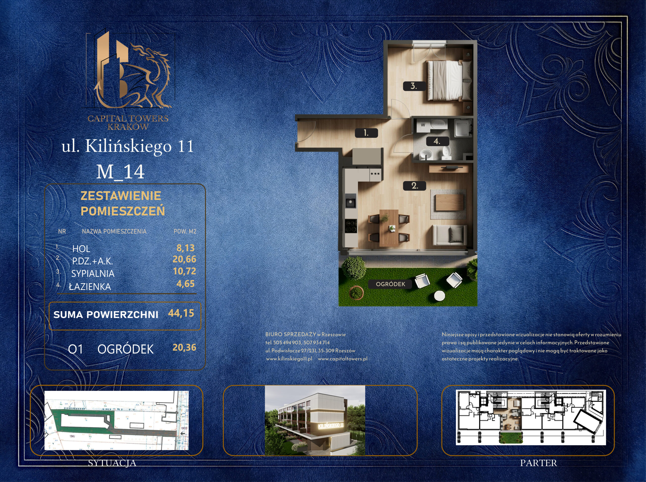Graficzna karta informacyjna mieszkania numer M_14 w Krakowie przy ulicy Kilińskiego 11 z logo „Capital Towers Kraków”, przygotowana na ciemnoniebieskim tle ze złotymi ornamentami. W centralnej części znajduje się trójwymiarowy, umeblowany rzut mieszkania z góry z oznaczonymi pomieszczeniami: hol (1), pokój dzienny z aneksem kuchennym (2), sypialnia (3), łazienka (4) oraz przynależny zielony ogródek (O1) z meblami ogrodowymi. Po lewej stronie umieszczono tabelę „Zestawienie pomieszczeń” wskazującą sumę powierzchni użytkowej wynoszącą 44,15 m² oraz powierzchnię ogródka wynoszącą 20,36 m². Na dole karty widoczne są mniejsze schematy techniczne przedstawiające sytuację na działce, plan parteru, miniaturę budynku oraz dane kontaktowe biura sprzedaży.