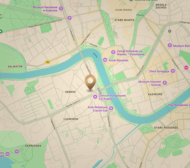 Mapa Krakowa z zaznaczoną lokalizacją inwestycji Kilińskiego 11 w dzielnicy Dębniki. Beżowy znacznik (pinezka) znajduje się tuż obok Ronda Grunwaldzkiego i Centrum Kongresowego ICE Kraków. Na mapie widoczne jest zakole Wisły, Most Grunwaldzki oraz pobliskie punkty orientacyjne, takie jak Zamek Królewski na Wawelu, Smok Wawelski, dzielnica Kazimierz oraz Stare Miasto.