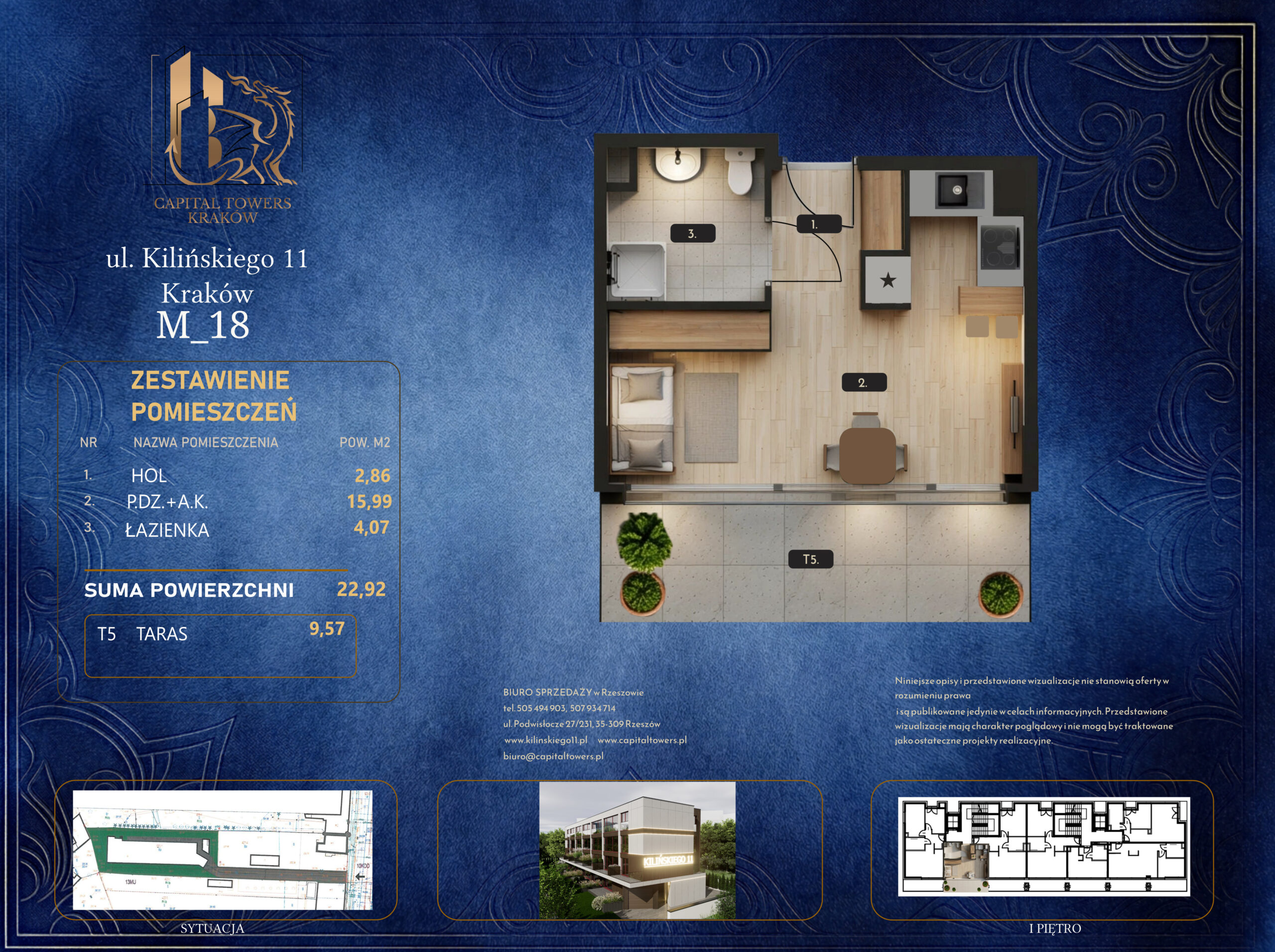 Graficzna karta informacyjna mieszkania numer M_18 w Krakowie przy ulicy Kilińskiego 11 z logo „Capital Towers Kraków”, przygotowana na ciemnoniebieskim tle ze złotymi ornamentami. W centralnej części znajduje się trójwymiarowy, umeblowany rzut mieszkania z góry z oznaczonymi pomieszczeniami: hol (1), pokój dzienny z aneksem kuchennym (2), łazienka (3) oraz przynależny taras (T5) z donicami z roślinnością. Po lewej stronie umieszczono tabelę „Zestawienie pomieszczeń” wskazującą sumę powierzchni użytkowej wynoszącą 22,92 m² oraz powierzchnię tarasu wynoszącą 9,57 m². Na dole karty widoczne są mniejsze schematy techniczne przedstawiające sytuację na działce, plan pierwszego piętra, miniaturę budynku oraz dane kontaktowe biura sprzedaży.
