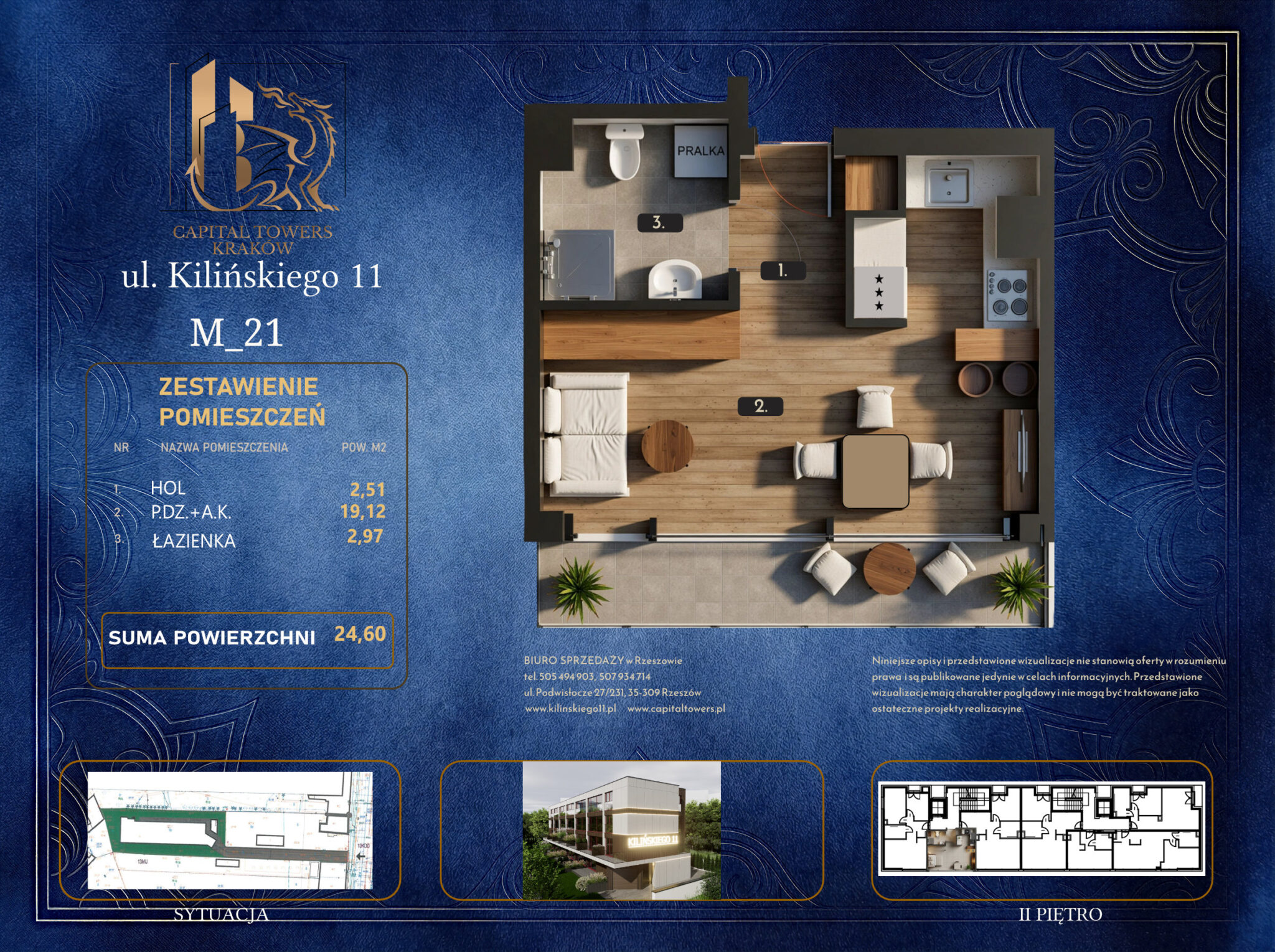 Graficzna karta informacyjna mieszkania numer M_21 w Krakowie przy ulicy Kilińskiego 11 z logo „Capital Towers Kraków”, przygotowana na ciemnoniebieskim tle ze złotymi ornamentami. W centralnej części znajduje się trójwymiarowy, umeblowany rzut mieszkania z góry z oznaczonymi pomieszczeniami: hol (1), pokój dzienny z aneksem kuchennym (2), łazienka (3) oraz szeroki balkon ze stolikiem i krzesłami. Po lewej stronie umieszczono tabelę „Zestawienie pomieszczeń” wskazującą sumę powierzchni użytkowej wynoszącą 24,60 m². Na dole karty widoczne są mniejsze schematy techniczne przedstawiające sytuację na działce, plan drugiego piętra, miniaturę budynku oraz dane kontaktowe biura sprzedaży.