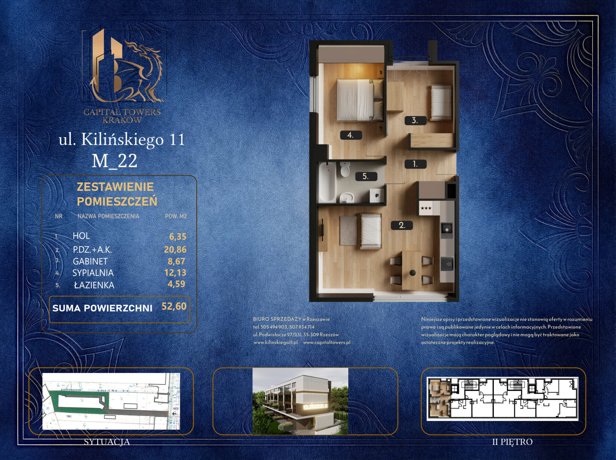 Graficzna karta informacyjna mieszkania numer M_22 w Krakowie przy ulicy Kilińskiego 11 z logo „Capital Towers Kraków”, przygotowana na ciemnoniebieskim tle ze złotymi ornamentami. W centralnej części znajduje się trójwymiarowy, umeblowany rzut mieszkania z góry z oznaczonymi strefami: hol (1), pokój dzienny z aneksem kuchennym (2), gabinet (3), sypialnia (4) oraz łazienka (5). Po lewej stronie umieszczono tabelę „Zestawienie pomieszczeń” wskazującą sumę powierzchni użytkowej wynoszącą 52,60 m². Na dole karty widoczne są mniejsze schematy techniczne przedstawiające sytuację na działce, plan drugiego piętra, miniaturę budynku oraz dane kontaktowe biura sprzedaży.