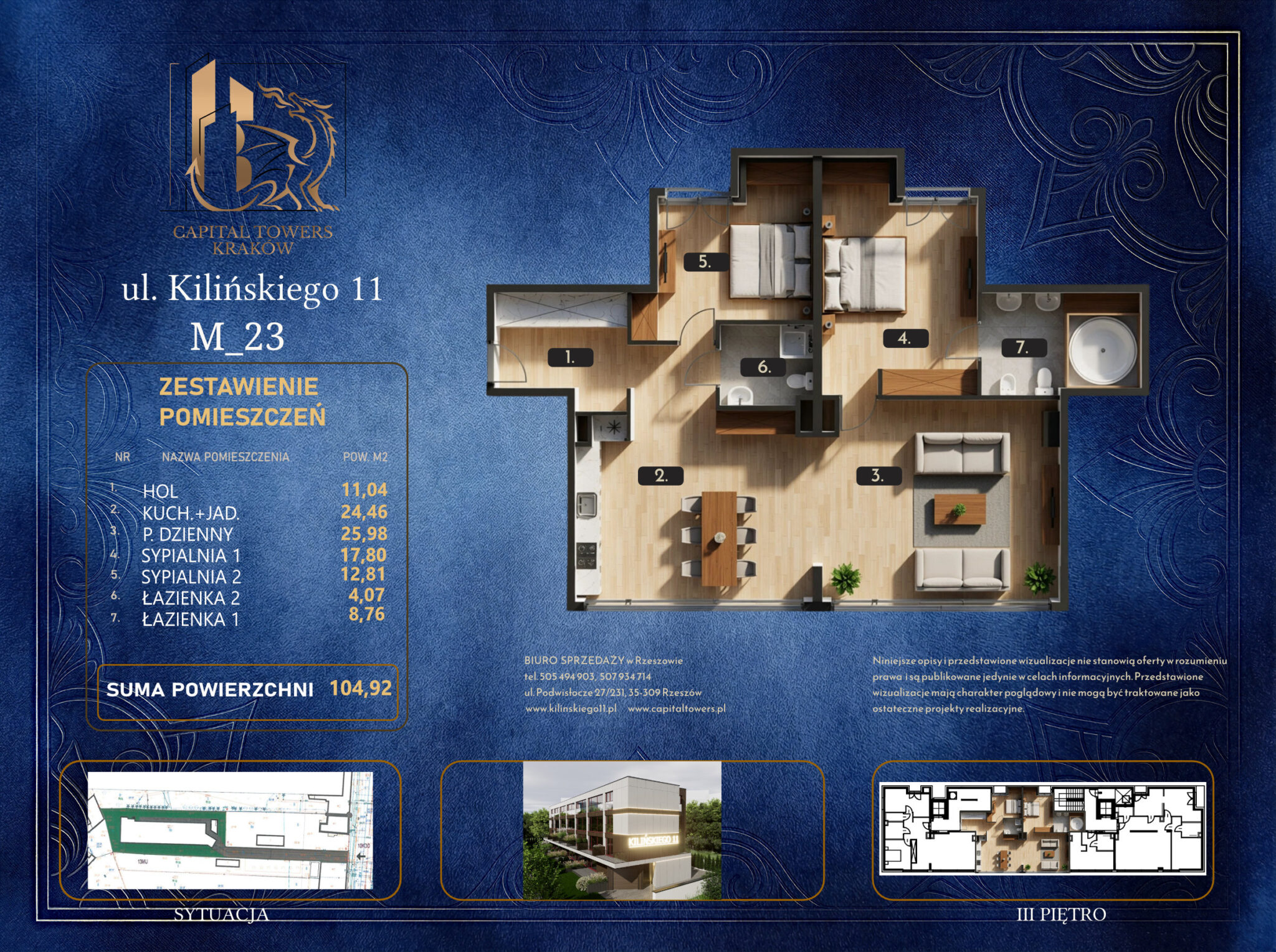 Graficzna karta informacyjna mieszkania numer M_23 w Krakowie przy ulicy Kilińskiego 11 z logo „Capital Towers Kraków”, przygotowana na ciemnoniebieskim tle ze złotymi ornamentami. W centralnej części znajduje się trójwymiarowy, umeblowany rzut mieszkania z góry o dużym, rozbudowanym układzie z oznaczonymi pomieszczeniami: hol (1), kuchnia z jadalnią (2), pokój dzienny (3), sypialnia 1 (4), sypialnia 2 (5), łazienka 2 (6) oraz łazienka 1 (7). Po lewej stronie umieszczono tabelę „Zestawienie pomieszczeń” wskazującą sumę powierzchni użytkowej wynoszącą 104,92 m². Na dole karty widoczne są mniejsze schematy techniczne przedstawiające sytuację na działce, plan trzeciego piętra, miniaturę budynku oraz dane kontaktowe biura sprzedaży.