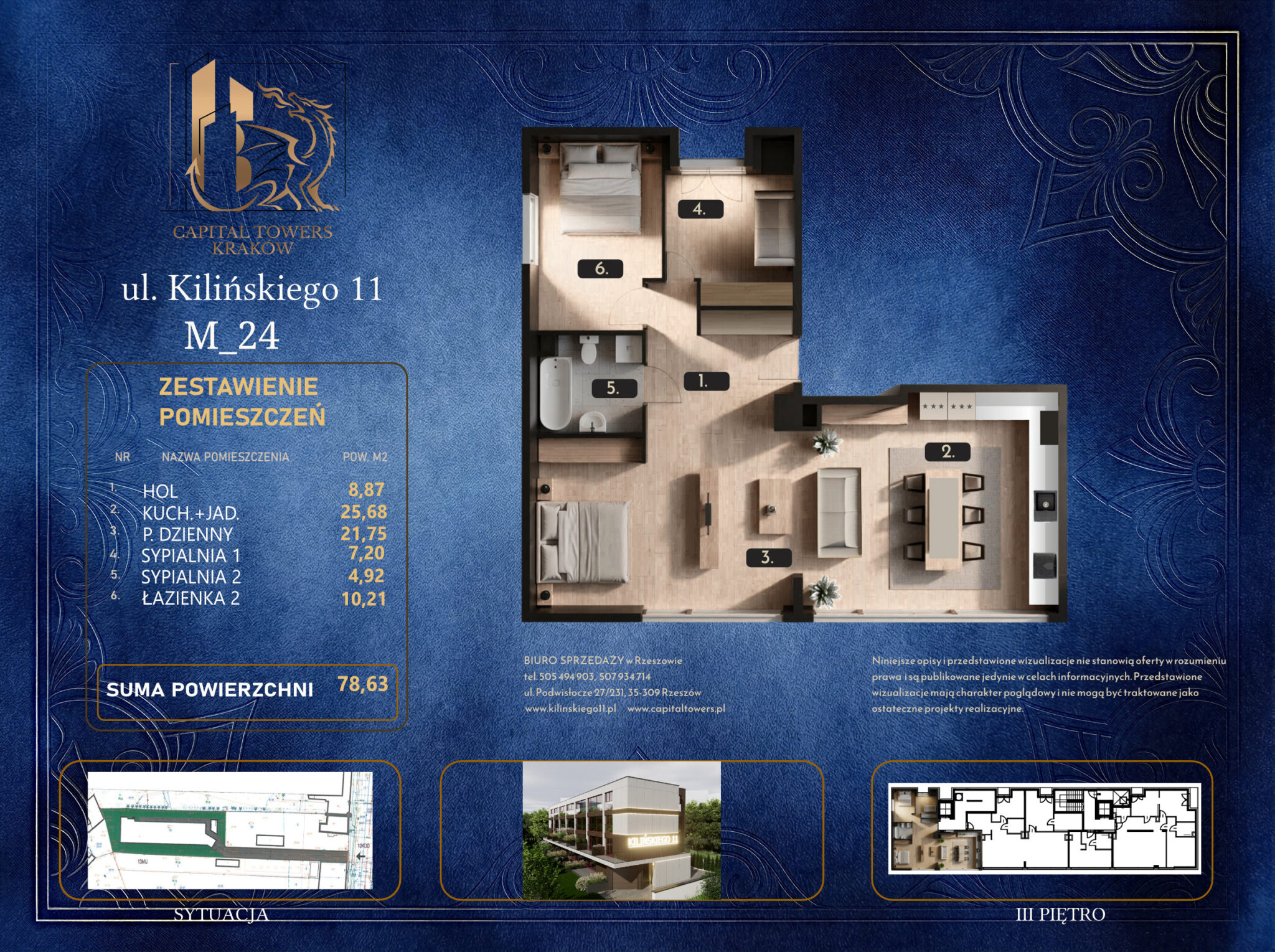 Graficzna karta informacyjna mieszkania numer M_24 w Krakowie przy ulicy Kilińskiego 11 z logo „Capital Towers Kraków”, przygotowana na ciemnoniebieskim tle ze złotymi ornamentami. W centralnej części znajduje się trójwymiarowy, umeblowany rzut mieszkania z góry o rozbudowanym układzie z oznaczonymi pomieszczeniami: hol (1), kuchnia z jadalnią (2), pokój dzienny (3), sypialnia 1 (4), sypialnia 2 (5) oraz łazienka 2 (6). Po lewej stronie umieszczono tabelę „Zestawienie pomieszczeń” wskazującą sumę powierzchni użytkowej wynoszącą 78,63 m². Na dole karty widoczne są mniejsze schematy techniczne przedstawiające sytuację na działce, plan trzeciego piętra, miniaturę budynku oraz dane kontaktowe biura sprzedaży.