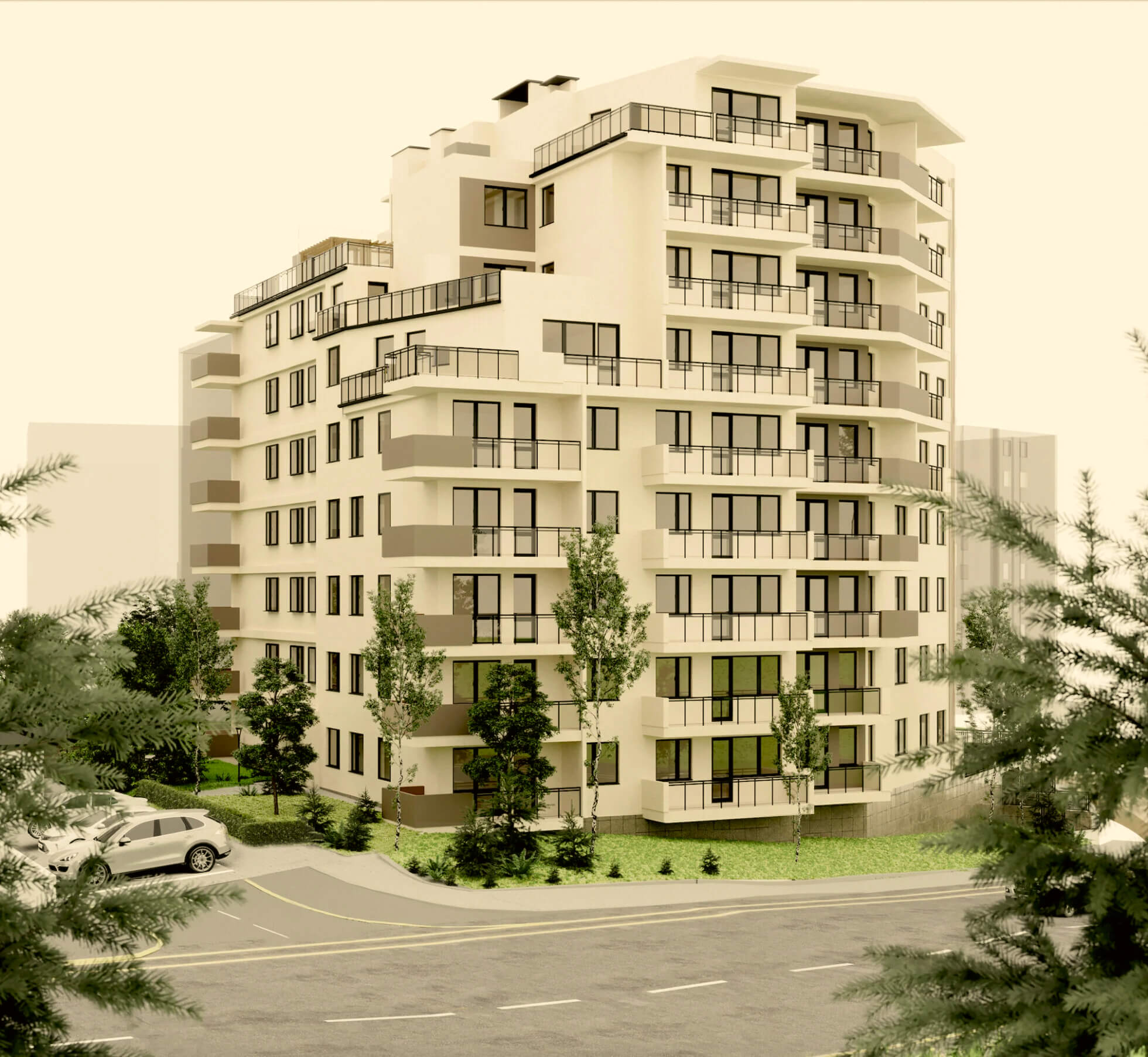 Wizualizacja nowoczesnego, wielopiętrowego bloku mieszkalnego o kaskadowej architekturze, przedstawiona w jasnych, ciepłych tonach. Budynek posiada liczne balkony i tarasy z ciemnymi balustradami, które zmniejszają się schodkowo ku górze. Obiekt stoi przy asfaltowej drodze, a przed nim widoczny jest fragment parkingu z samochodami osobowymi. Teren wokół budynku obsadzony jest młodymi drzewami i krzewami, a cała scena kadrowana jest przez gałęzie iglaków widoczne na pierwszym planie po lewej i prawej stronie.