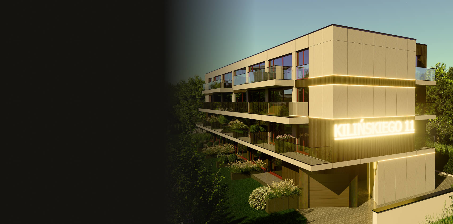 Wizualizacja architektoniczna wielorodzinnego budynku mieszkalnego przy Kilińskiego 11. Obiekt posiada cztery kondygnacje naziemne, garaż podziemny, przeszklone tarasy oraz ozdobne linie świetlne LED na elewacji. Wokół budynku widoczne są krzewy i drzewa w świetle zachodzącego słońca.